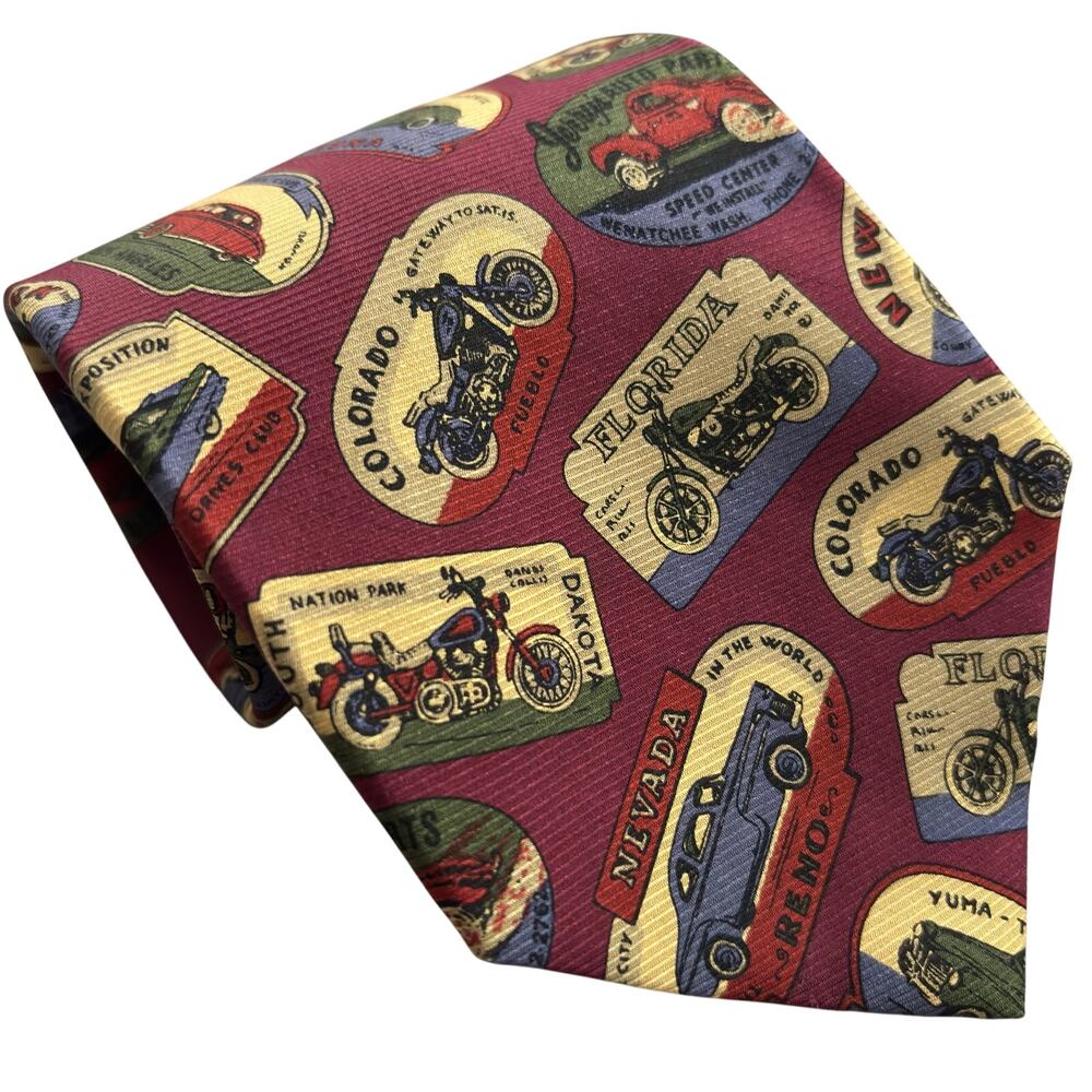 Facconable 100% Silk Handmade in France Tie States Motorcycles and Cars